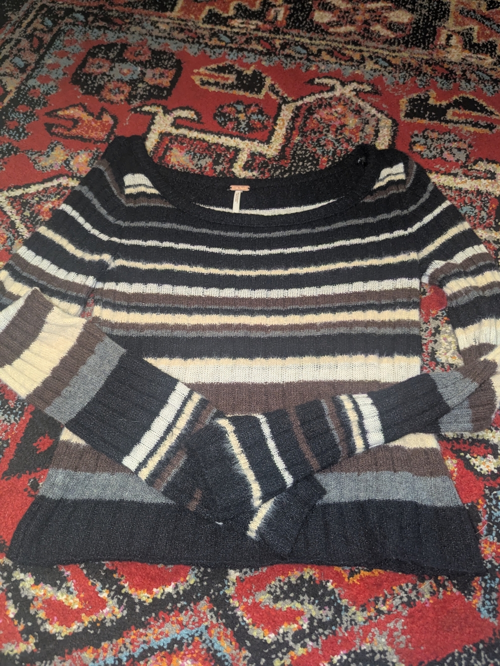 Free People Striped Knit Sweater in Black, Brown, Gray, Cream